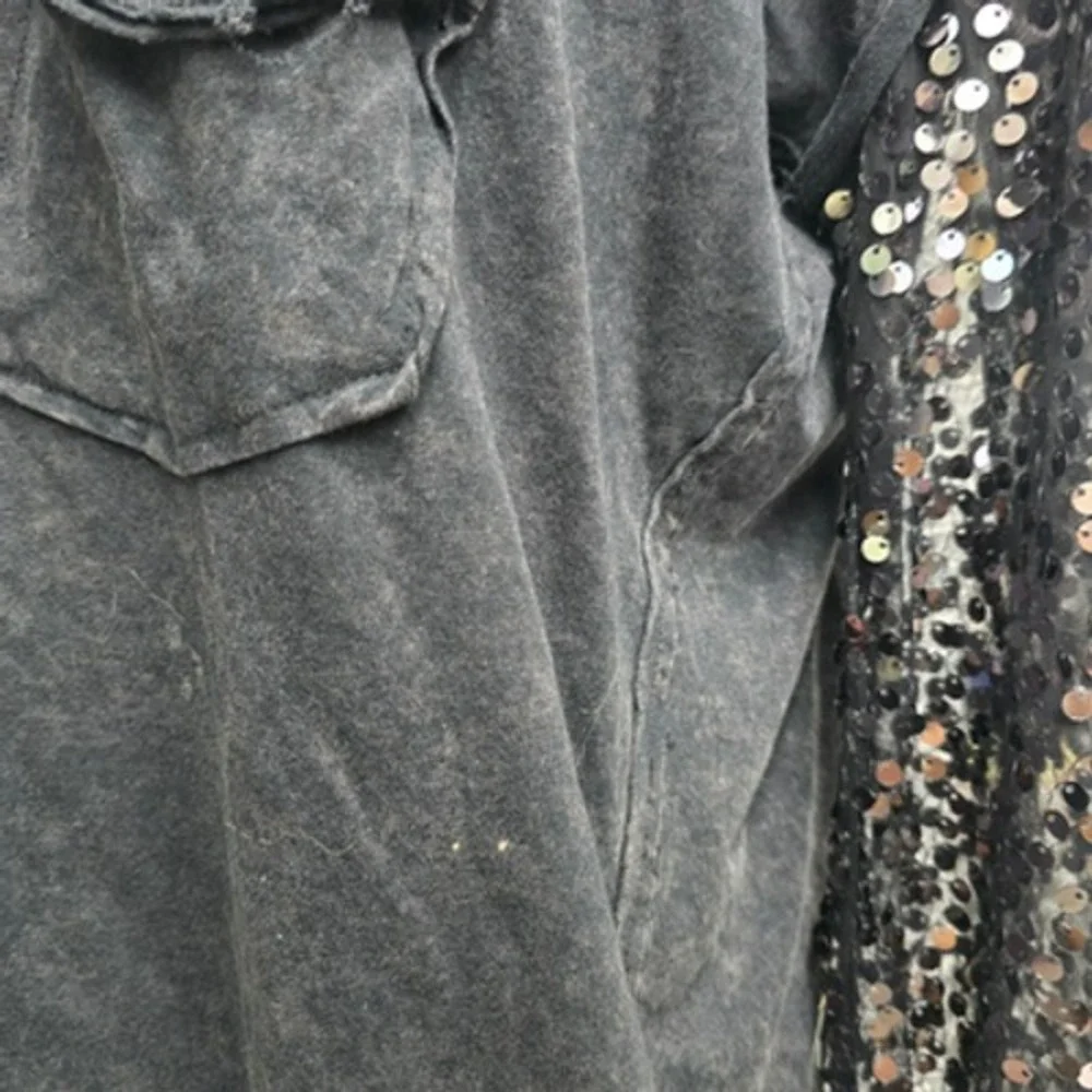 Free‎ People Black Distressed Sequin Sleeve Pocket T-Shirt Top XS